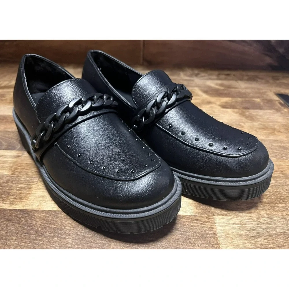 Report Hayden Chain Link Platform Loafers Black Lug Sole Studded Womens Size 7.5
